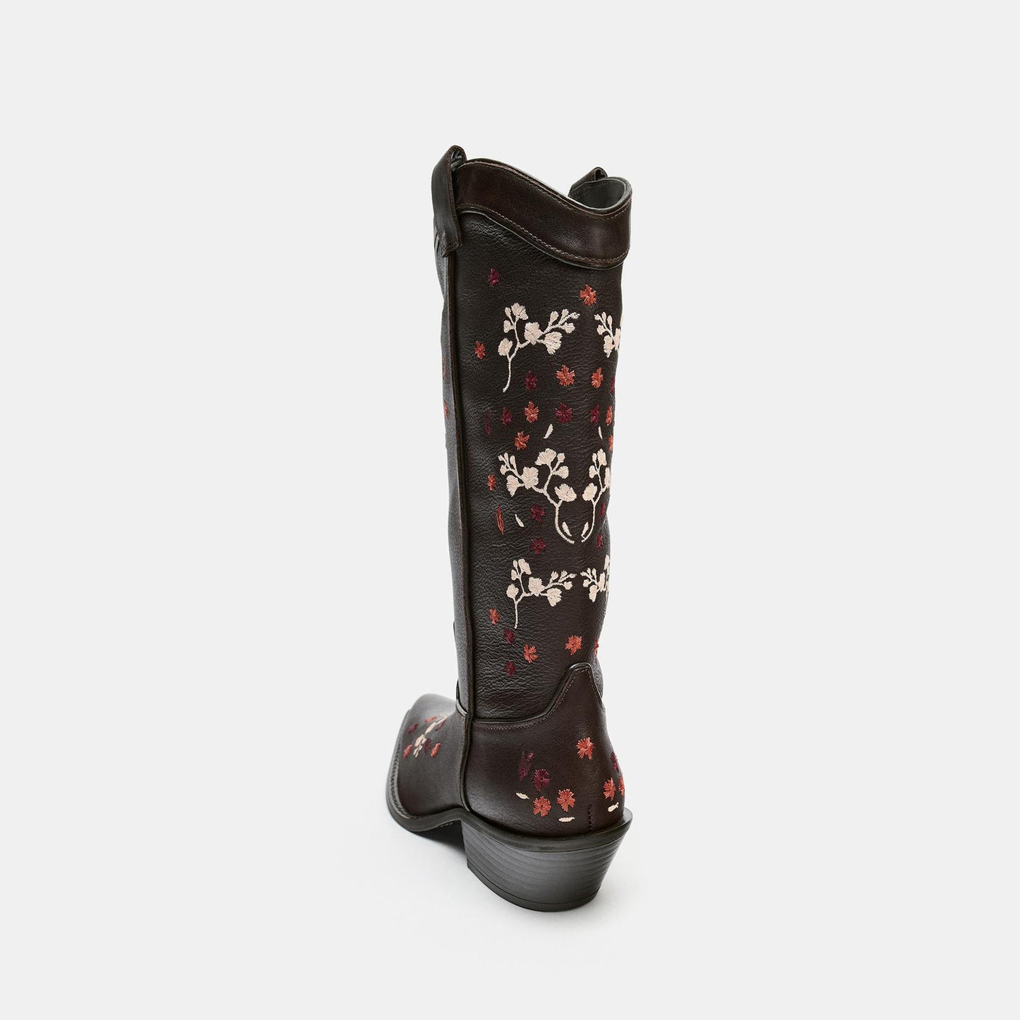 Brown Snip-Toe Plum Blossom Embroidery Mid Calf Chic Cowgirl Boots
