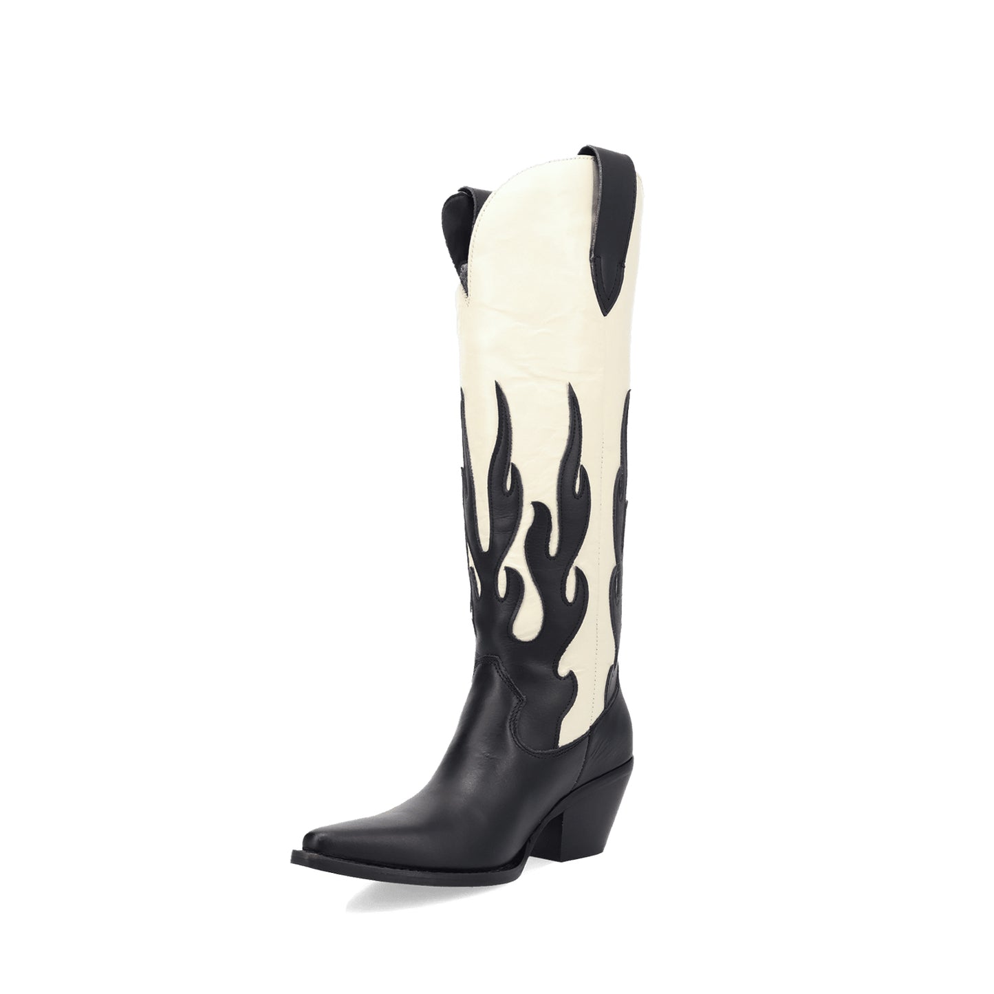 Contrast Black And Ivory Pointed-Toe Flame Appliques Wide Calf Knee High Cowgirl Boots