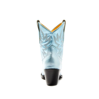 Metallic Blue Almond-Toe Embroidery Ankle Cowgirl Boots