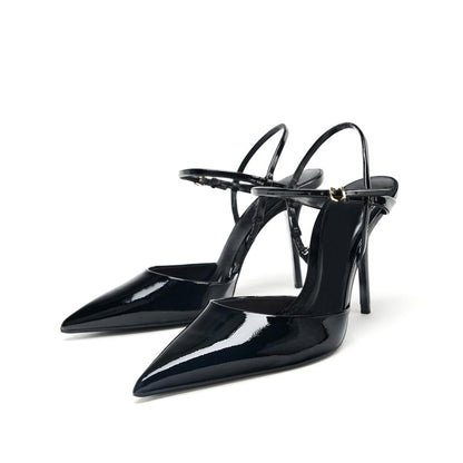 Patent Black Pointed-Toe Slingback Ankle Strap Stiletto High Heels