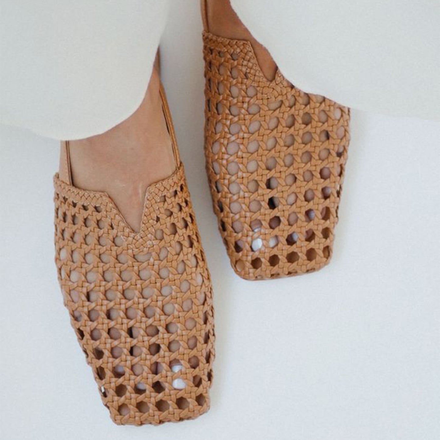 Ochre Woven Vegan Leather Square-Toe Buckle Slingback Flats