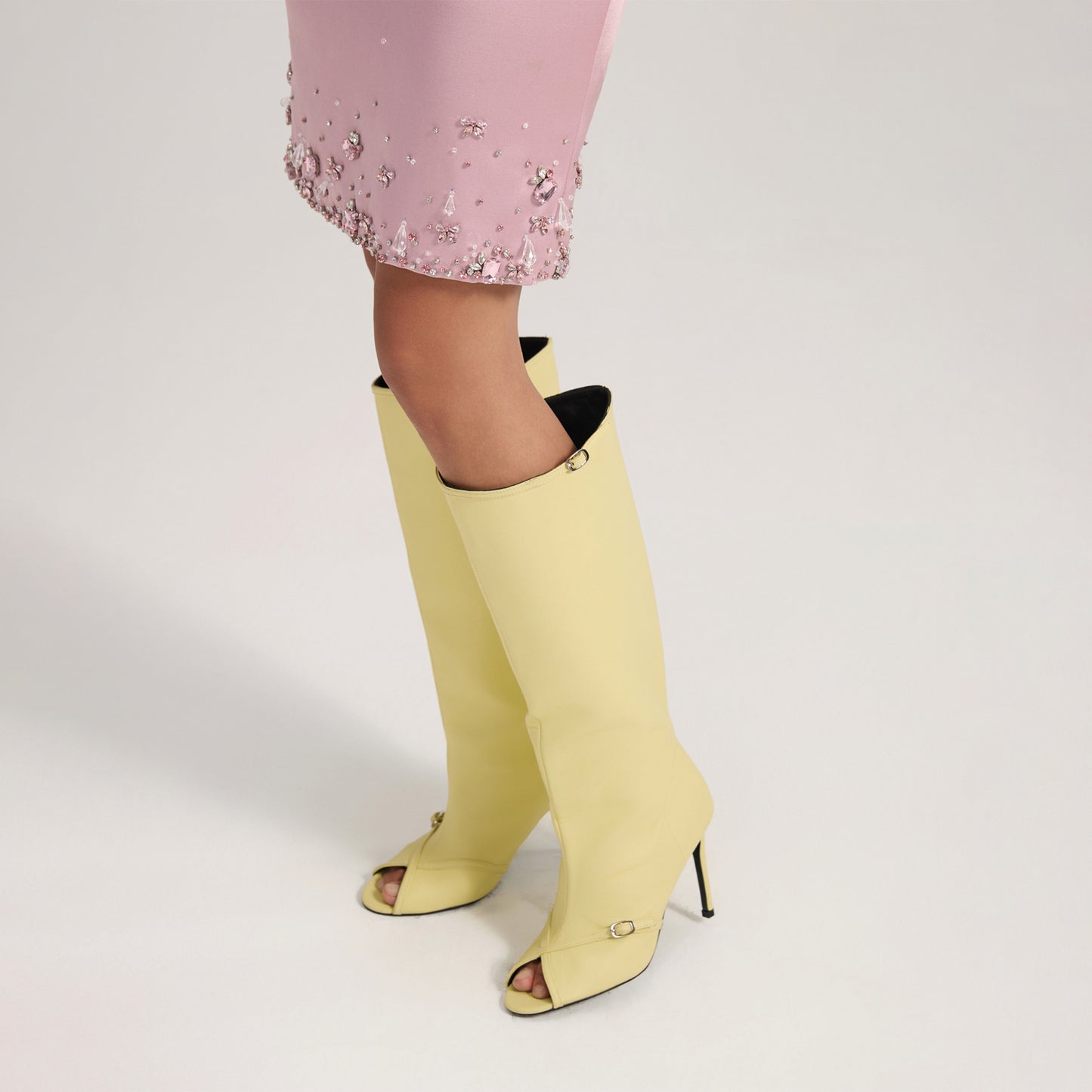 Yellow Peep Round-Toe Sleek Wide Calf Knee High Stiletto Boots