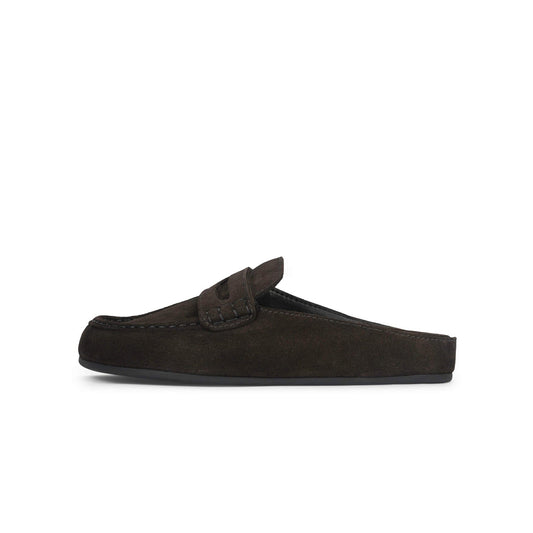Brown Faux Suede Square-Toe Simple Slip-On Mules Flats