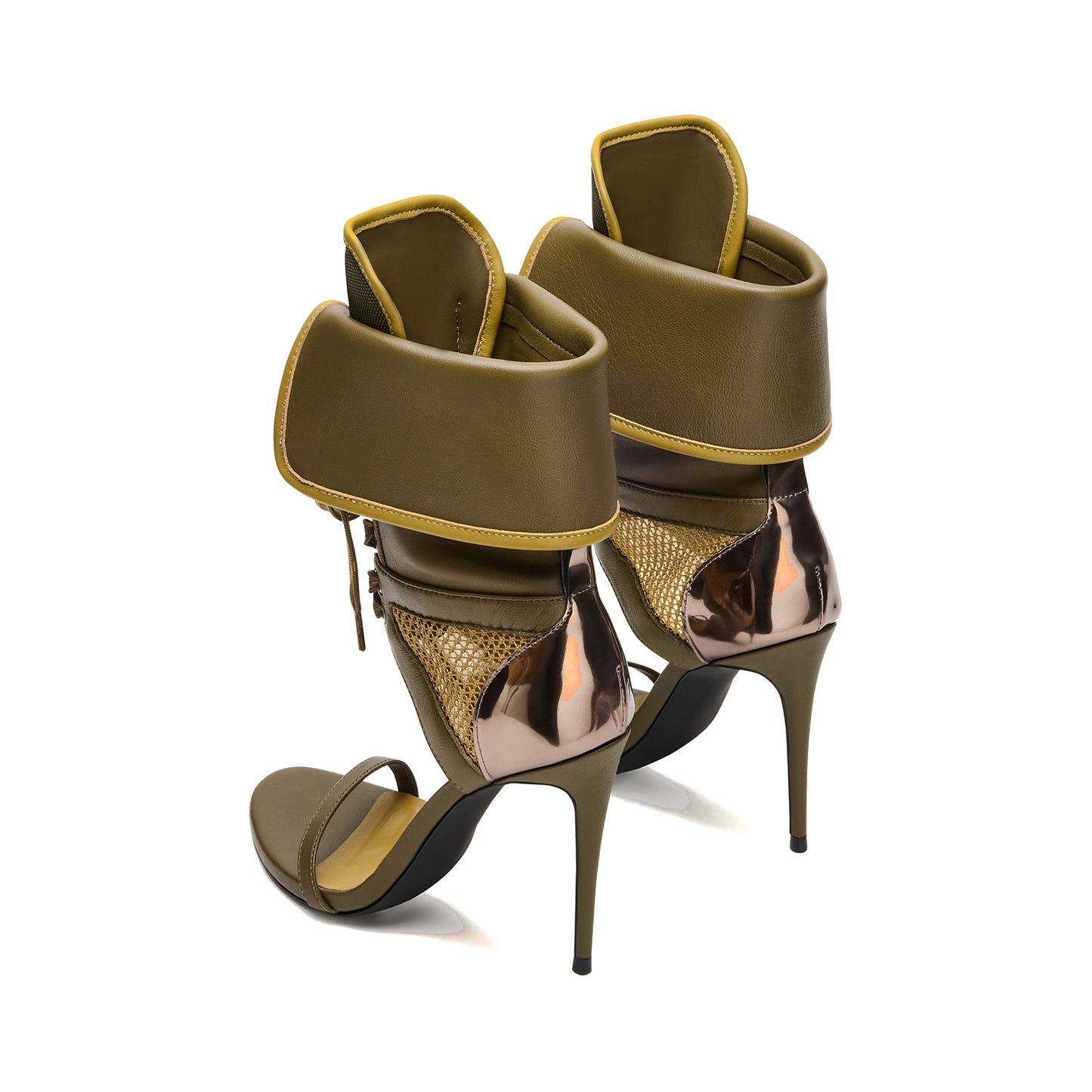 Green Open Round-Toe Mesh And Lace-Up Shaft Back Metallic Design Stiletto High Heels