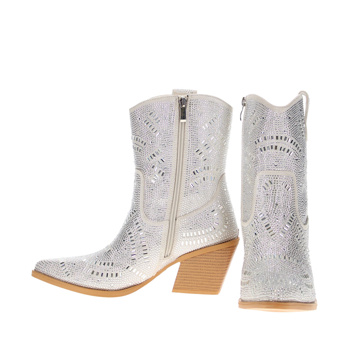 Beige Faux Suede Pointed-Toe Full Crystals Full-Zip Ankle Cowgirl Boots