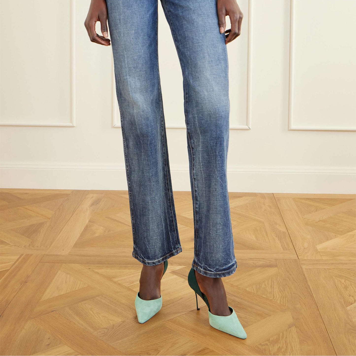 Contrast Green And Brown Faux Suede Pointed-Toe Slip-On High Heels