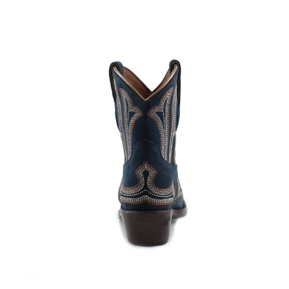 Dark Blue Faux Suede Snip-Toe Embroidery Ankle Cowgirl Boots