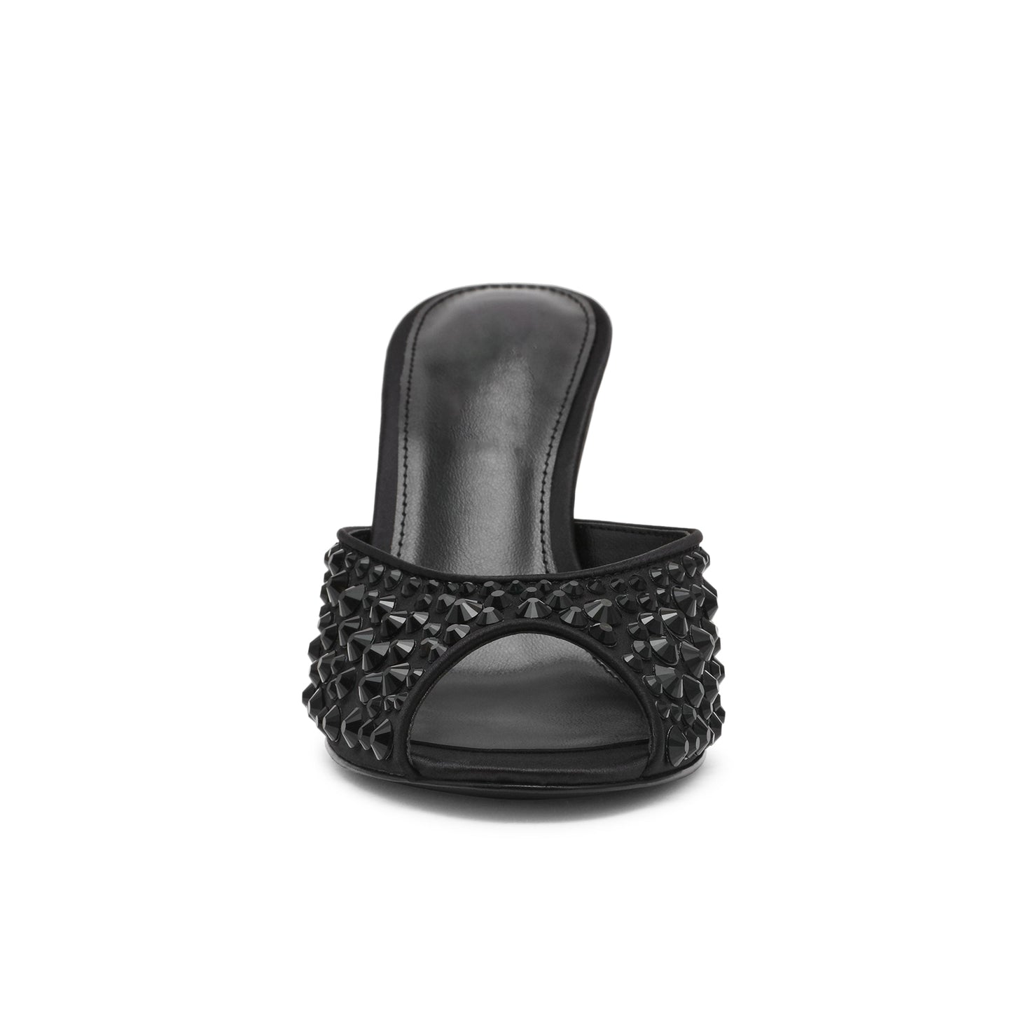Black Satin Open Almond-Toe Rhinestone Backless High Heels