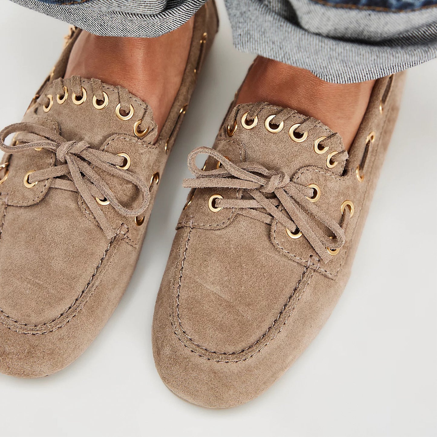 Sand Faux Suede Round-Toe Lace-Up Boat Shoes Flats