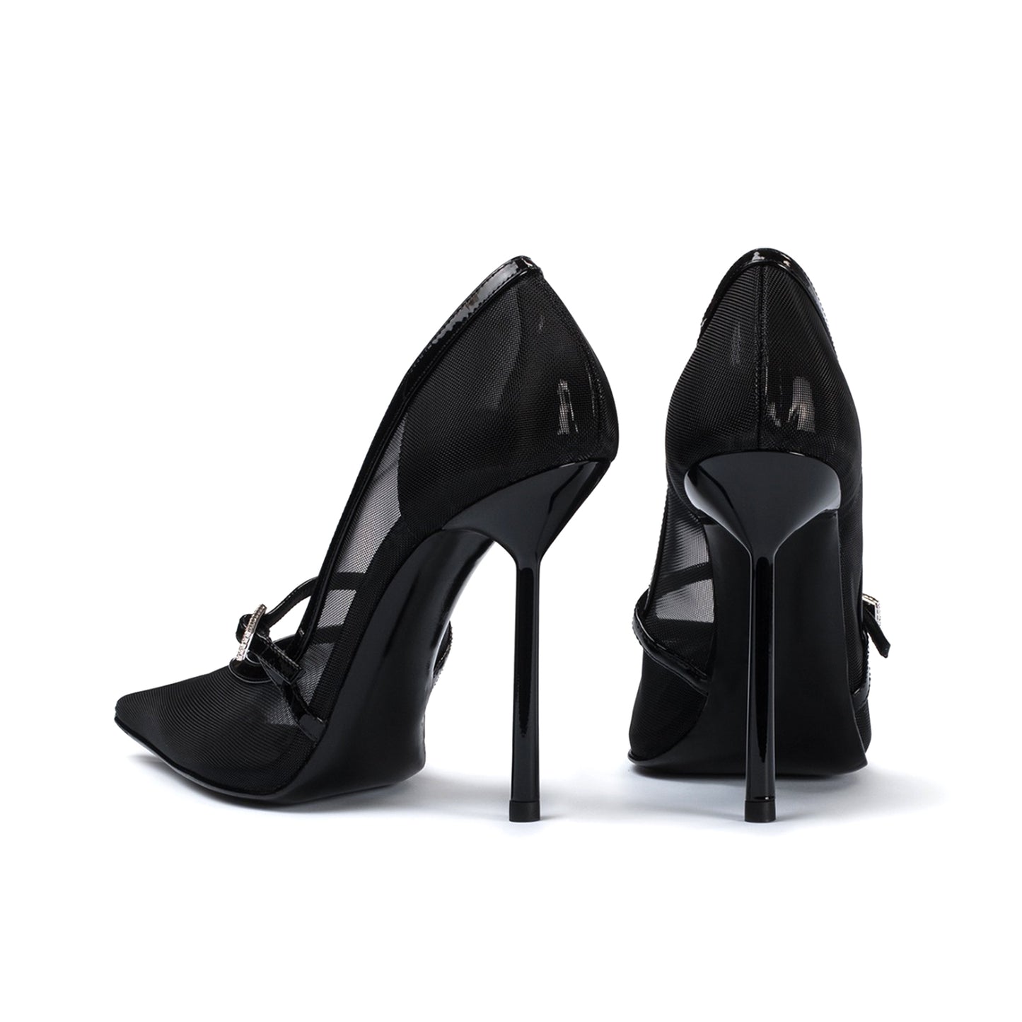 Black Mesh Pointed-Toe Patent Bridge Strap High Heels