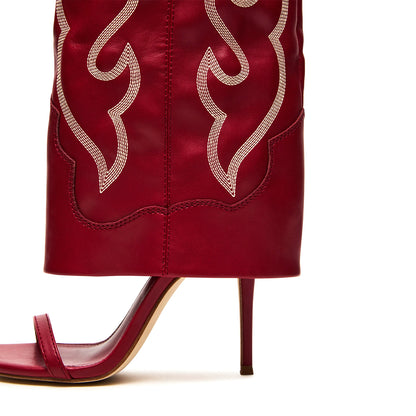 Red Open Round-Toe Fold-Over Embroidery Wide Calf Knee High Stiletto Boots