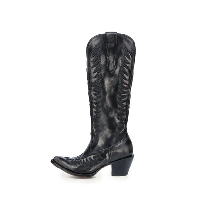Blacked Bone Almond-Toe Embroidery Wide Calf Knee High Cowgirl Boots