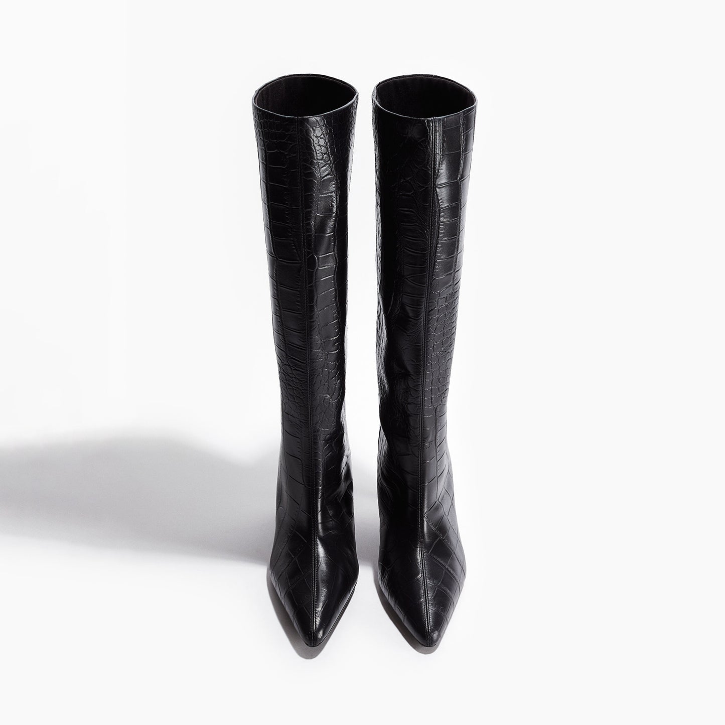 Black Crocodile Print Pointed-Toe Wide Calf Knee High Simple Stiletto Boots