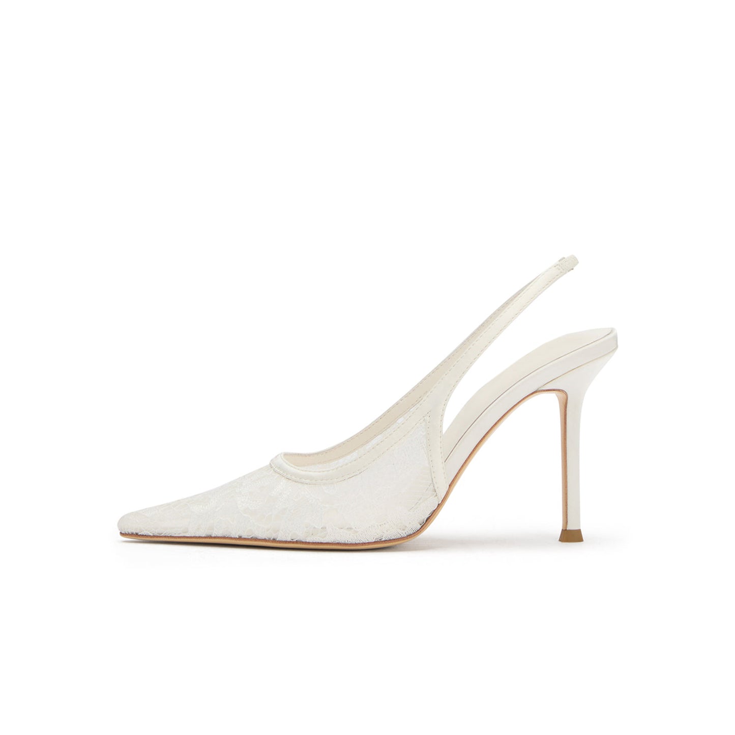 Ivory Lace Mesh Pointed-Toe Classic Satin Slingback High Heels