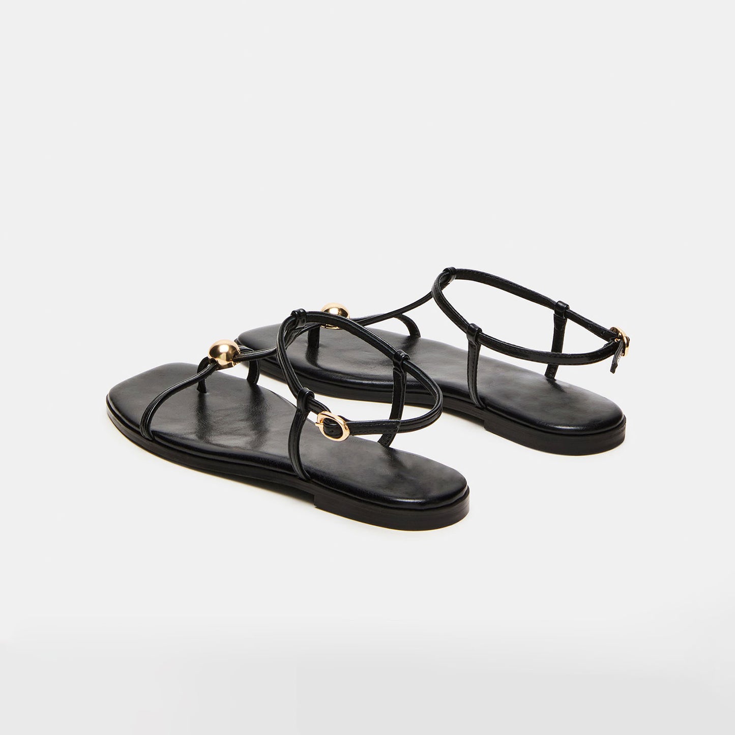 Black Square-Toe Strappy Ankle Strap Sandals Flats