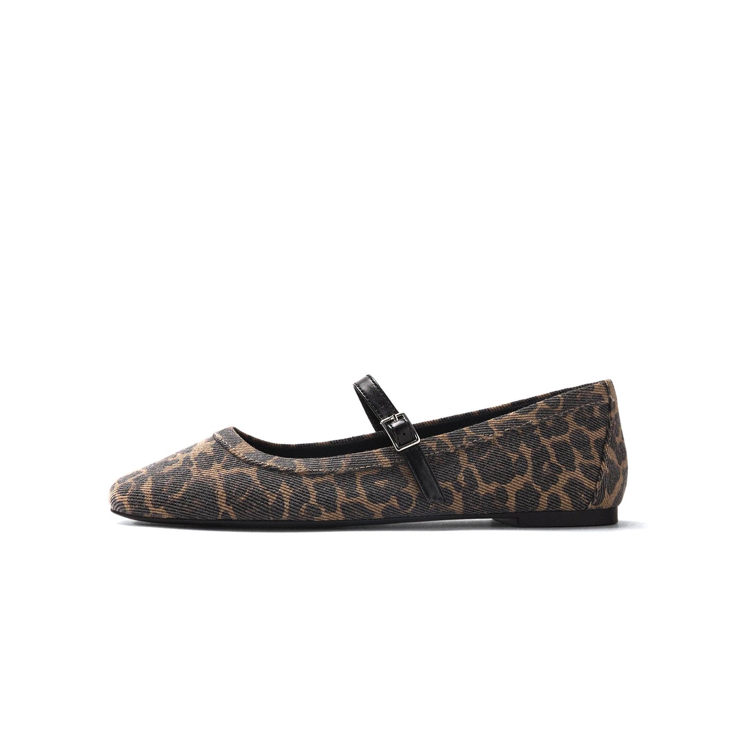 Leopard Pattern Denim Square-Toe Mary Jane Ballet Flats