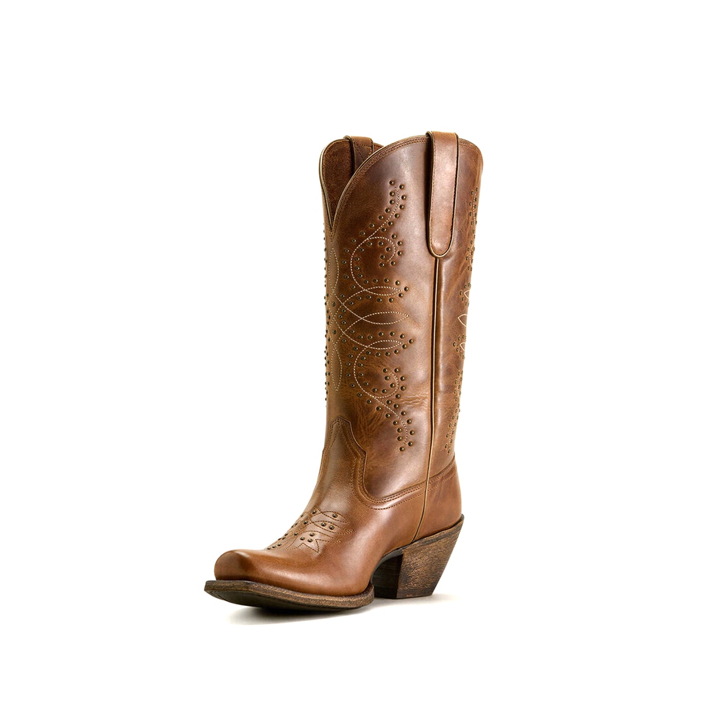 Brown Square-Toe Studs Embroidery Mid Calf Cowgirl Boots