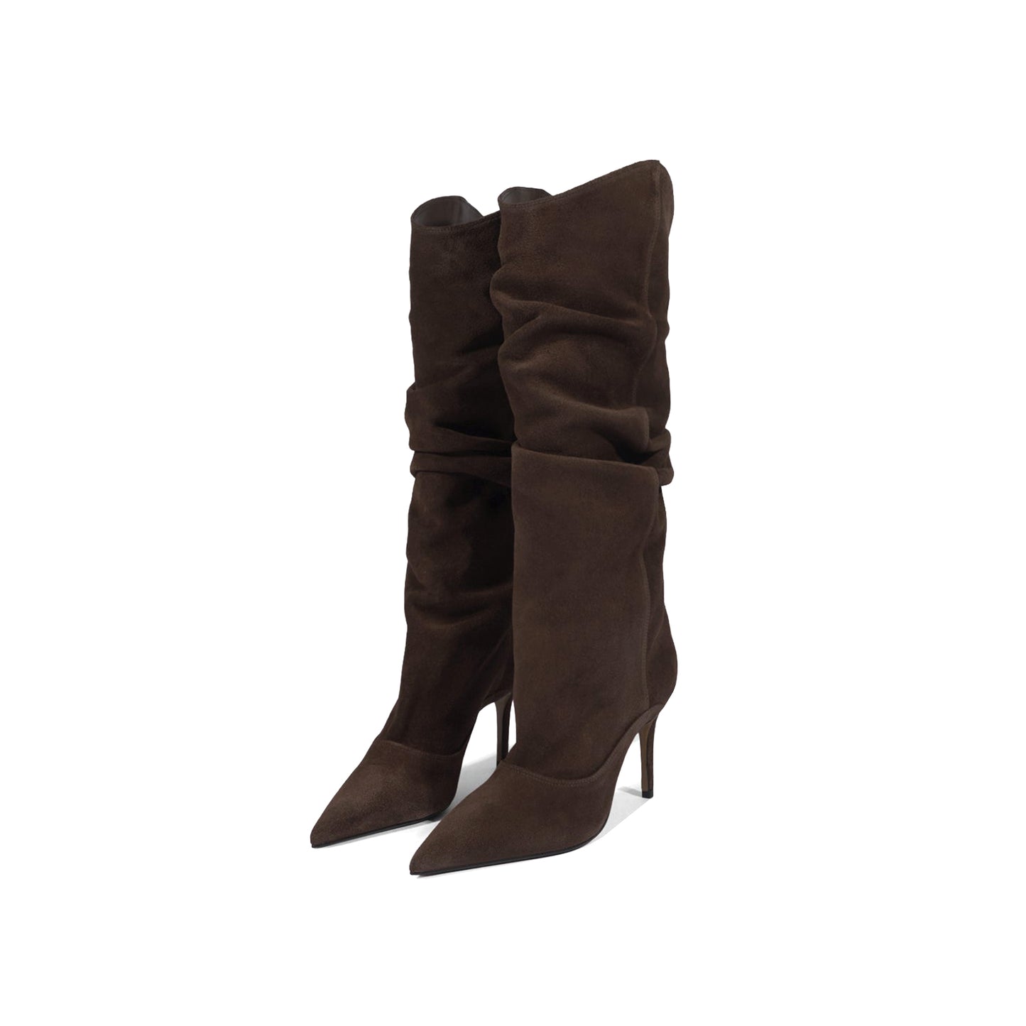 Dark Brown Faux Suede Pointed-Toe Slouch Wide Calf Knee High Stiletto Boots