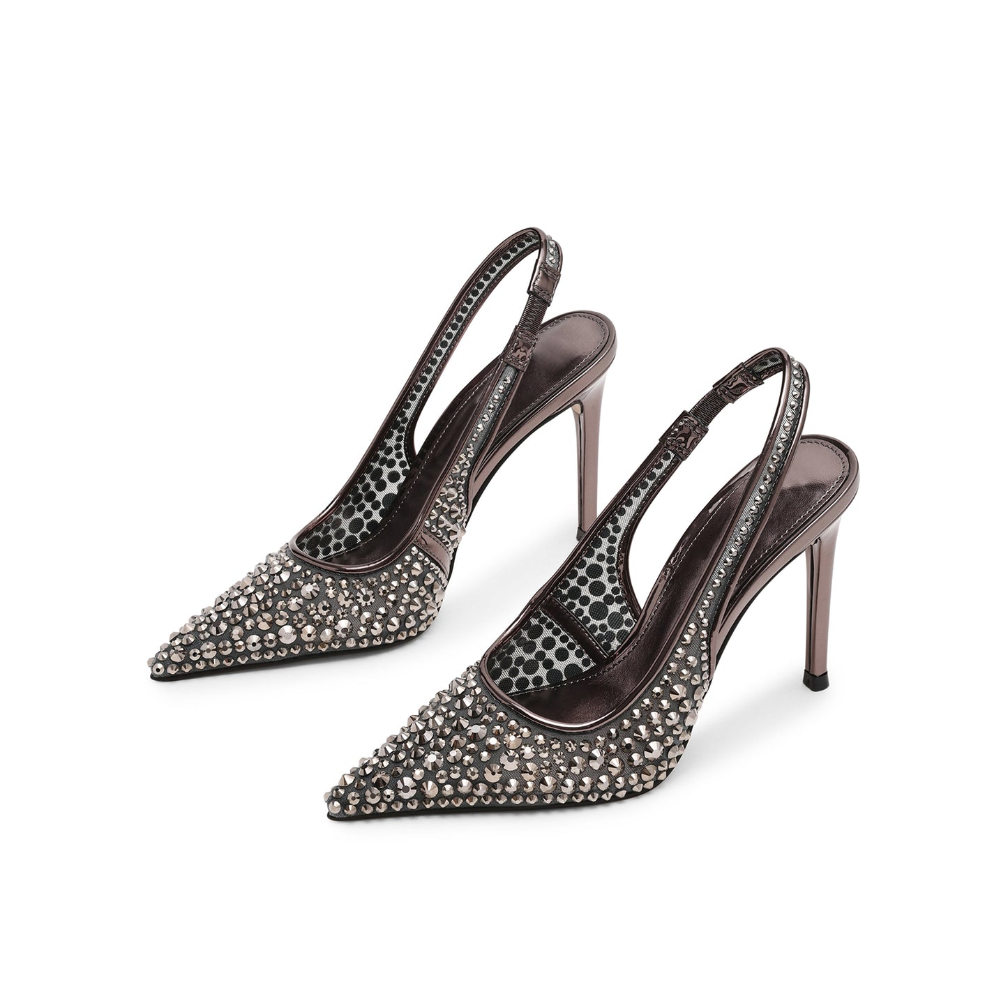 Pewter Mesh With Rhinestones Pointed-Toe Slingback High Heels Pumps