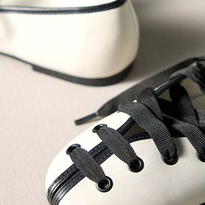 White Round-Toe Black Lace-Up Ballet Flats