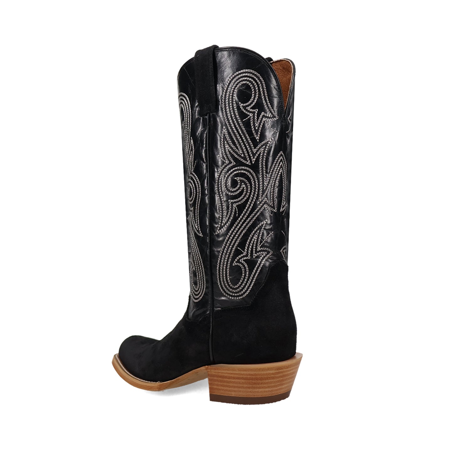 Black Contrast Vegan Leather And Faux Suede Square-Toe Embroidery Mid Calf Cowgirl Boots