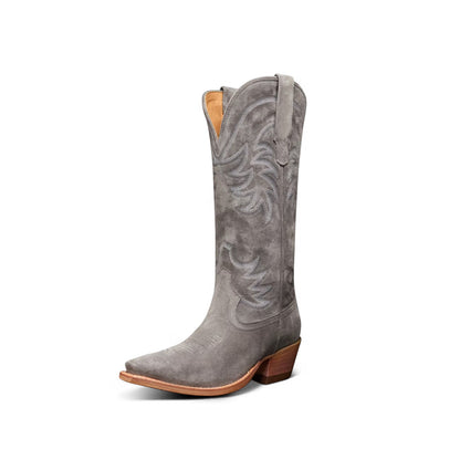 Charcoal Faux Suede Snip-Toe Embroidery Mid Calf Cowgirl Boots