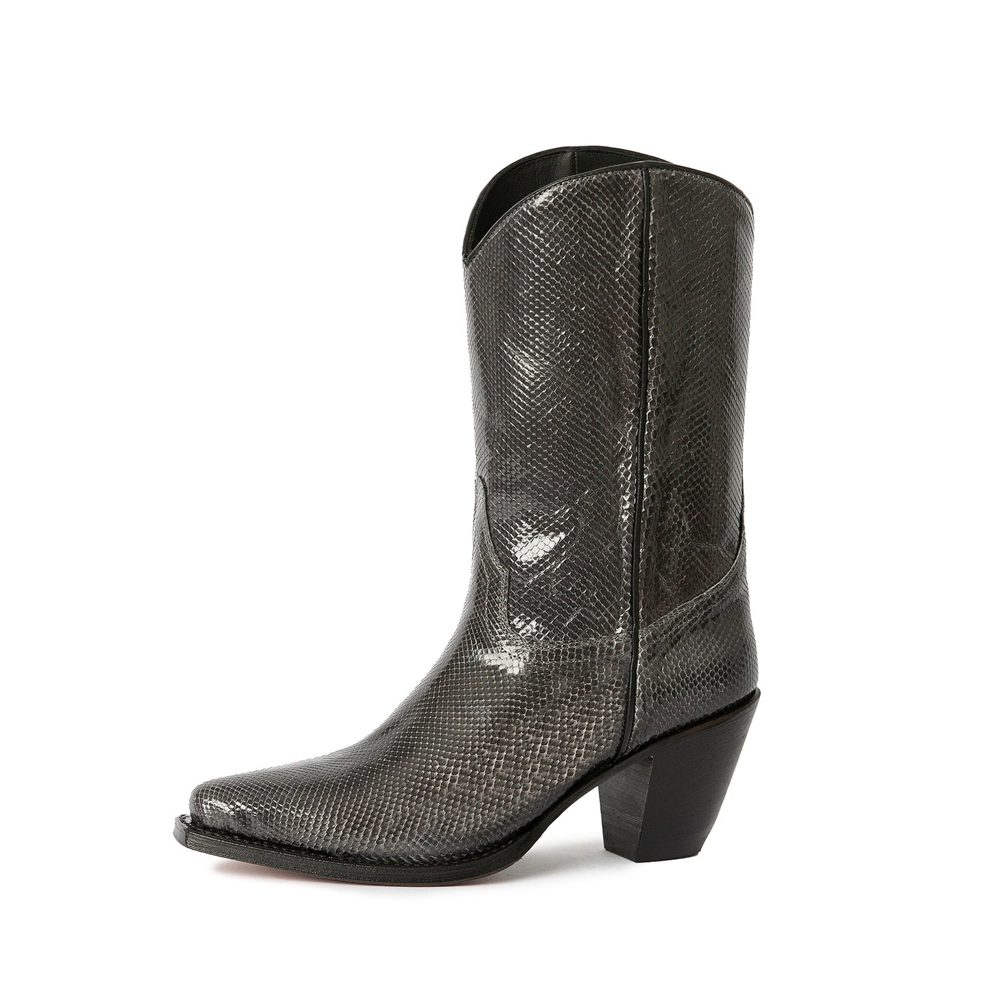 Dark Gray Snakeskin Print Almond-Toe Chic Mid Calf Cowgirl Boots