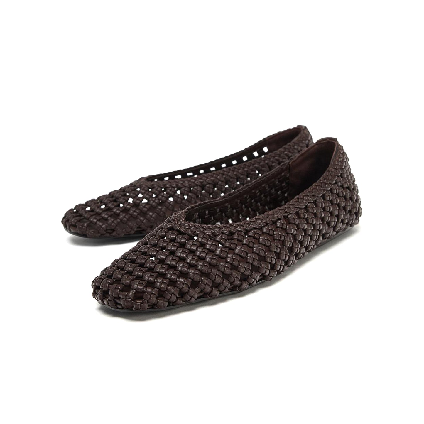 Brown Woven Vegan Leather Square-Toe Chic Slip-On Ballet Flats