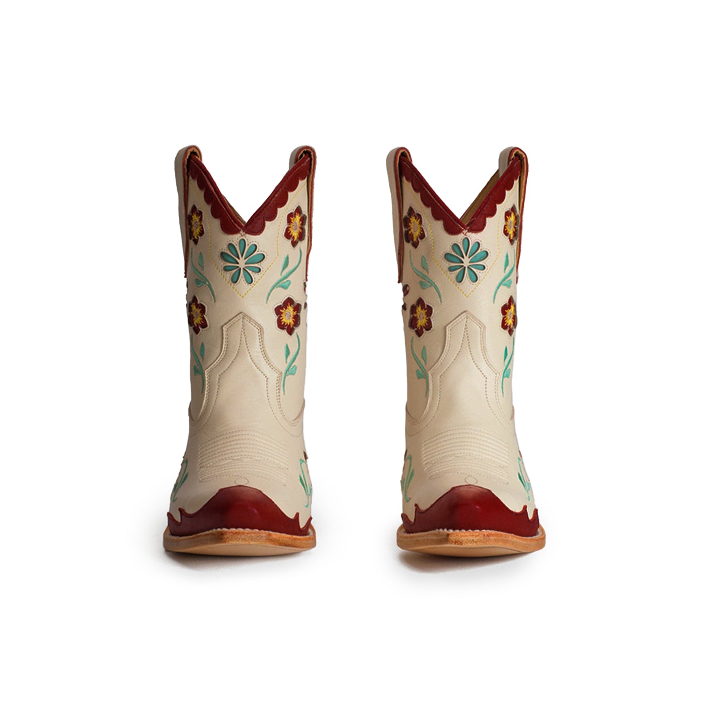 Cream Snip-Toe Flowers Inlay Stamen Embroidery Ankle Cowgirl Boots