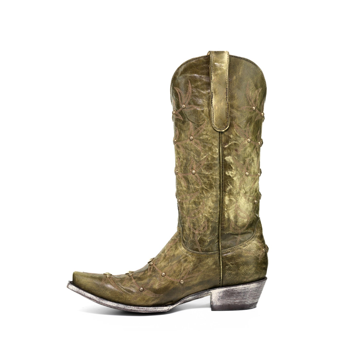 Green Snip-Toe Studs And Embroidery Mid Calf Chic Cowgirl Boots