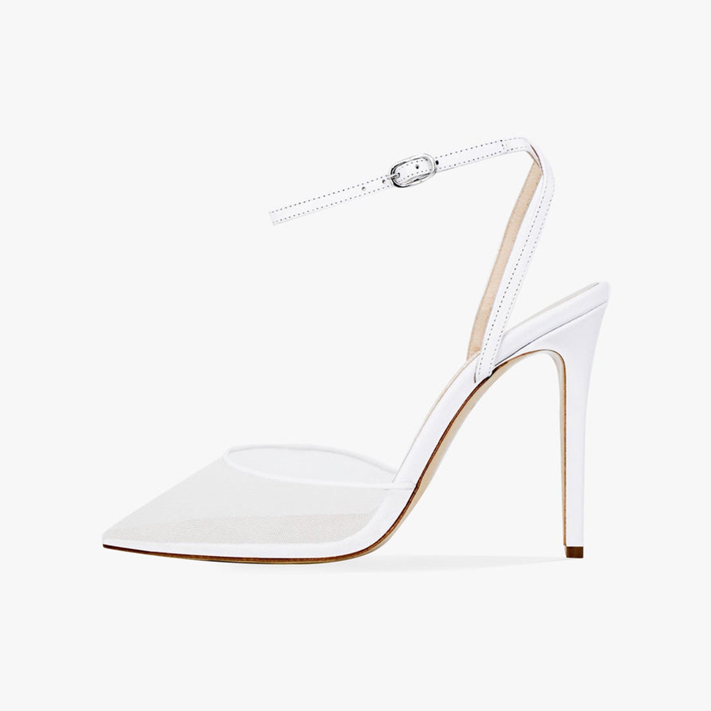 White Mesh And Vegan Leather Pointed-Toe Ankle Strap Classic High Heels