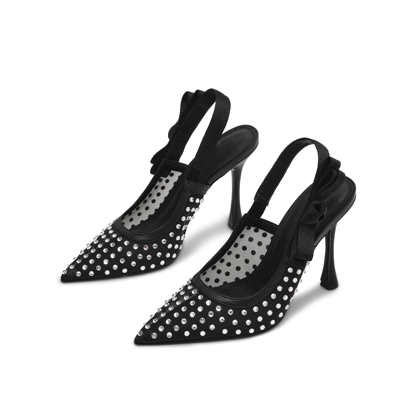 Black Mesh Rhinestones Pointed-Toe Slingback With Bow High Heels Pumps