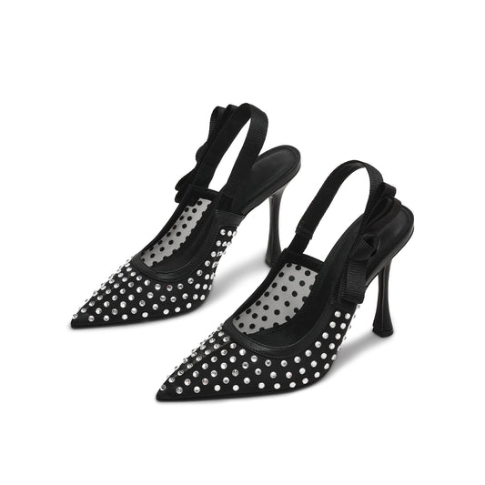 Black Mesh Rhinestones Pointed-Toe Slingback With Bow High Heels Pumps