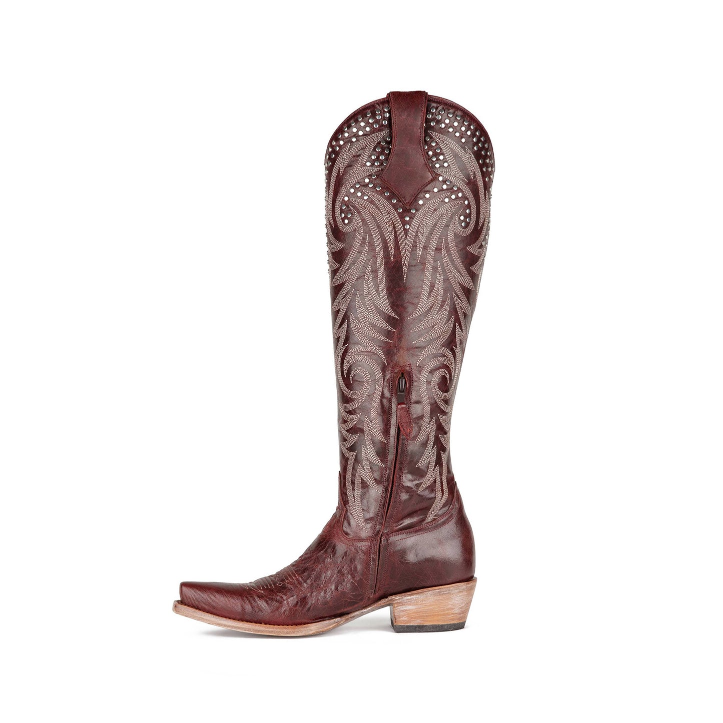 Dark Red Snip-Toe Studs And Embroidery Classic Half-Zip Knee High Cowgirl Boots