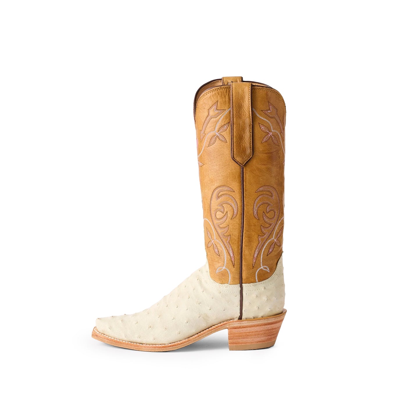 Contrast Tan And Ivory Snip-Toe Embroidery Mid Calf Cowgirl Boots
