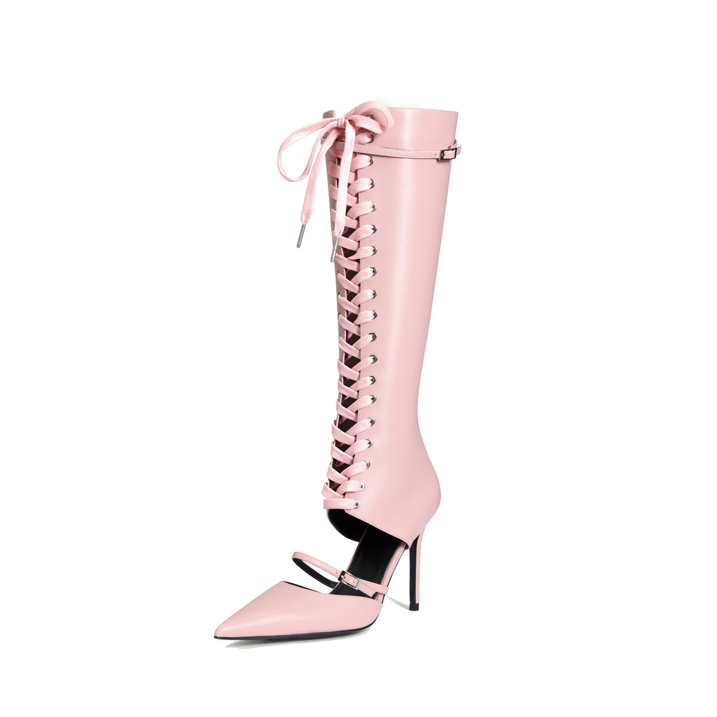 Pink Pointed-Toe Front Lace-Up Full-Zip Knee High Stiletto Boots