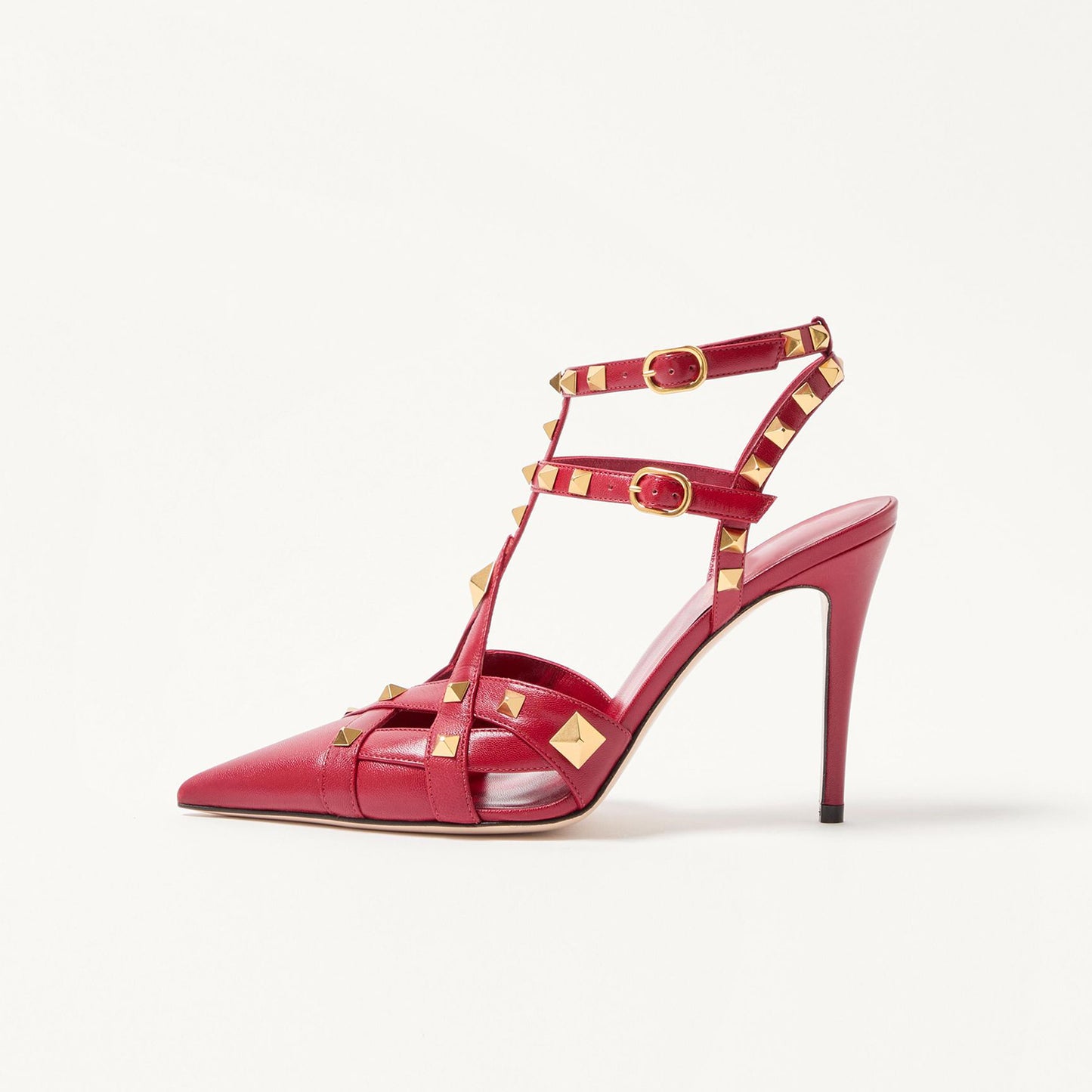 Red Pointed-Toe Studded Strappy Ankle Strap High Heels