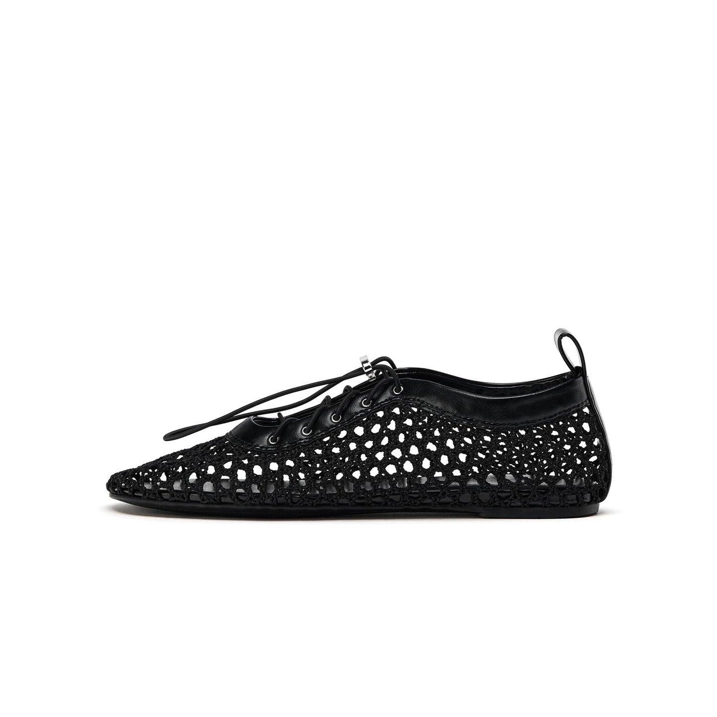 Black Vegan Leather Woven Round-Toe Lace-Up Flats