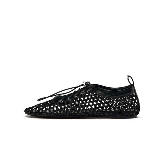 Black Vegan Leather Woven Round-Toe Lace-Up Flats