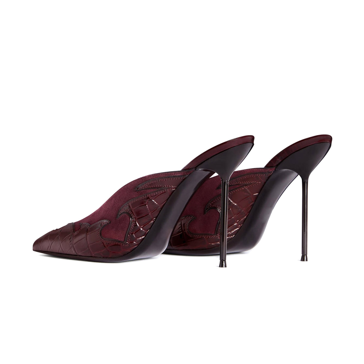 Burgundy Faux Suede And Crocodile Pattern Pointed-Toe Backless Slip-On High Heels