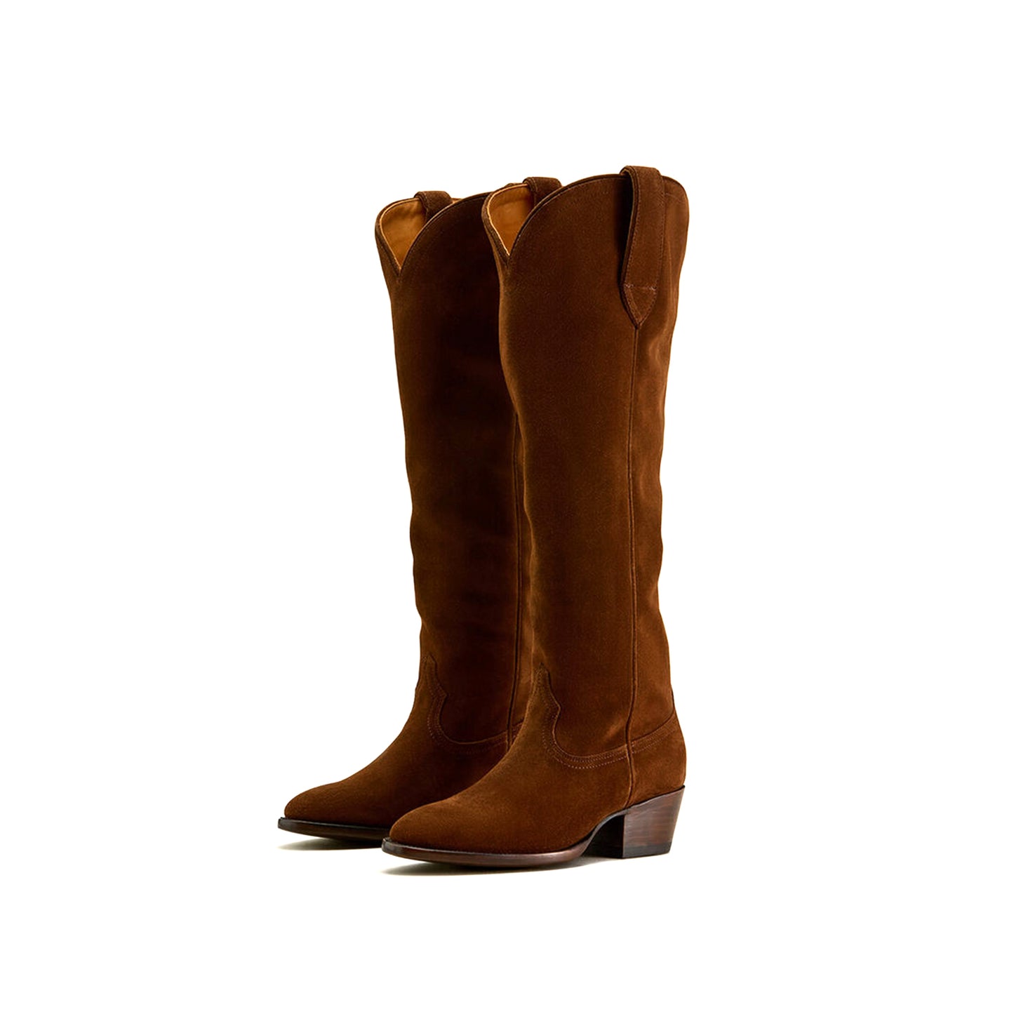 Brown Faux Suede Round-Toe Simple Wide Calf Knee High Cowgirl Boots