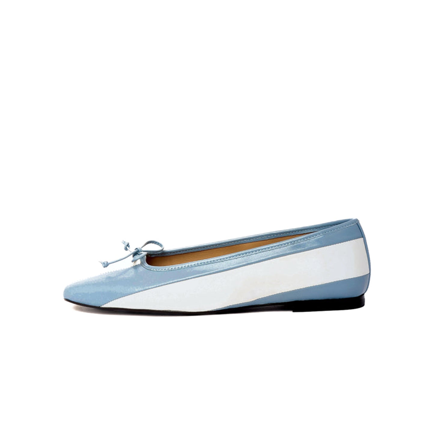 Contrast White And Blue Square-Toe Front Bow Slip-On Ballet Flats