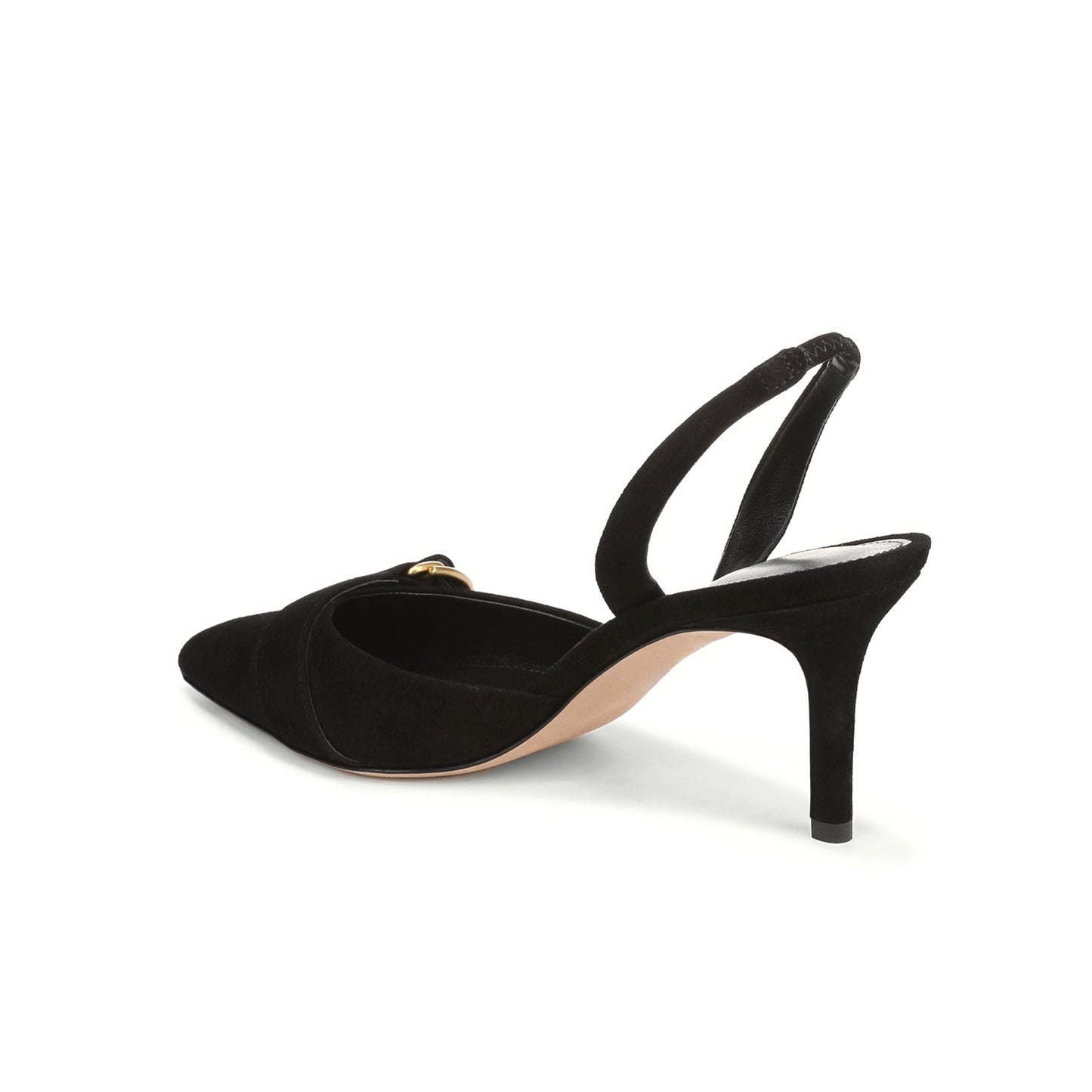 Black Faux Suede Pointed-Toe Front Gold D-Ring Strap Slingback Kitten Heels