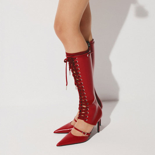 Red Pointed-Toe Front Lace-Up Full-Zip Knee High Stiletto Boots