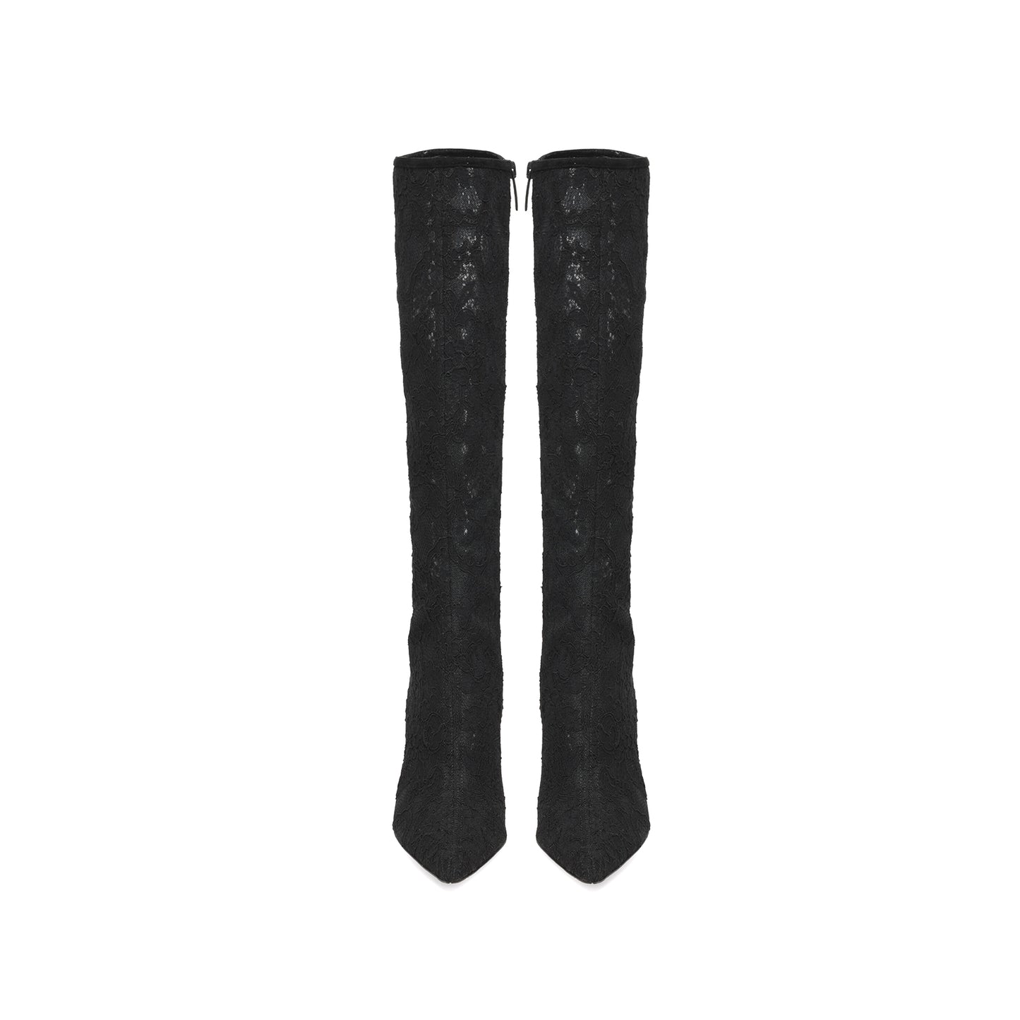 Black Lace Mesh Pointed-Toe Full-Zip Knee High Stiletto Boots