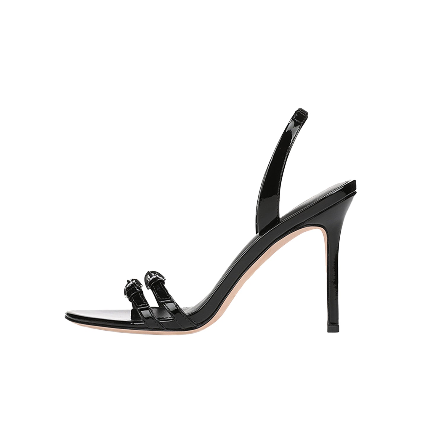 Patent Black Round-Toe Double Front Straps Slingback High Heels