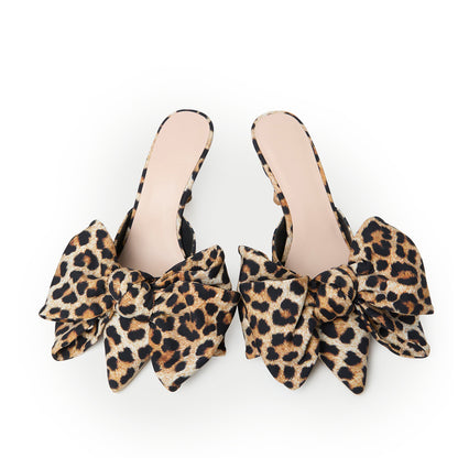 Leopard Satin Pointed-Toe Front Big Bow High Heels