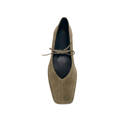 Khaki Faux Suede Square-Toe V-Cut Vamps Bridge Self-Tie Bow Ballet Flats