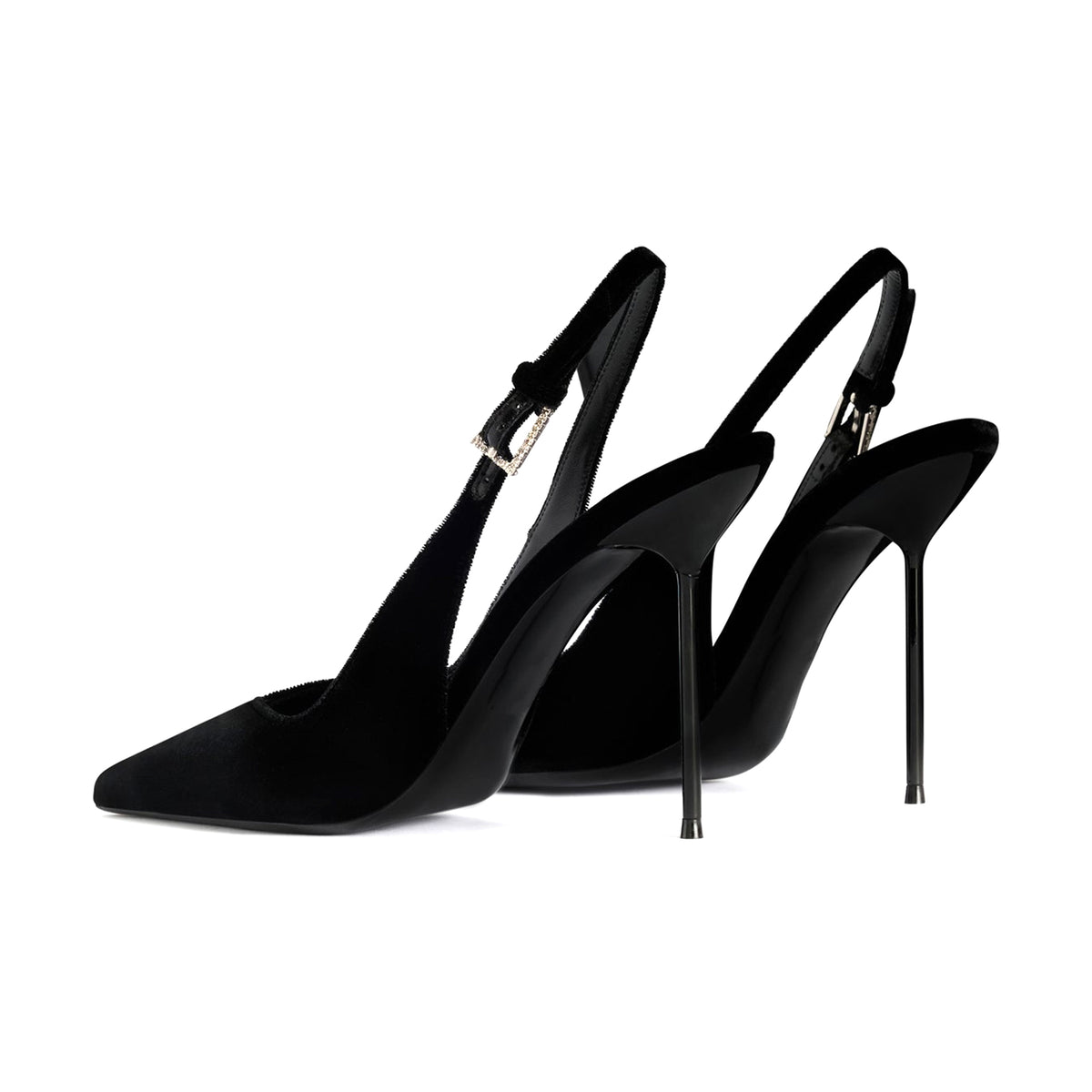 Black Faux Suede Pointed-Toe Classic Buckle Back Strap Pumps High Heels