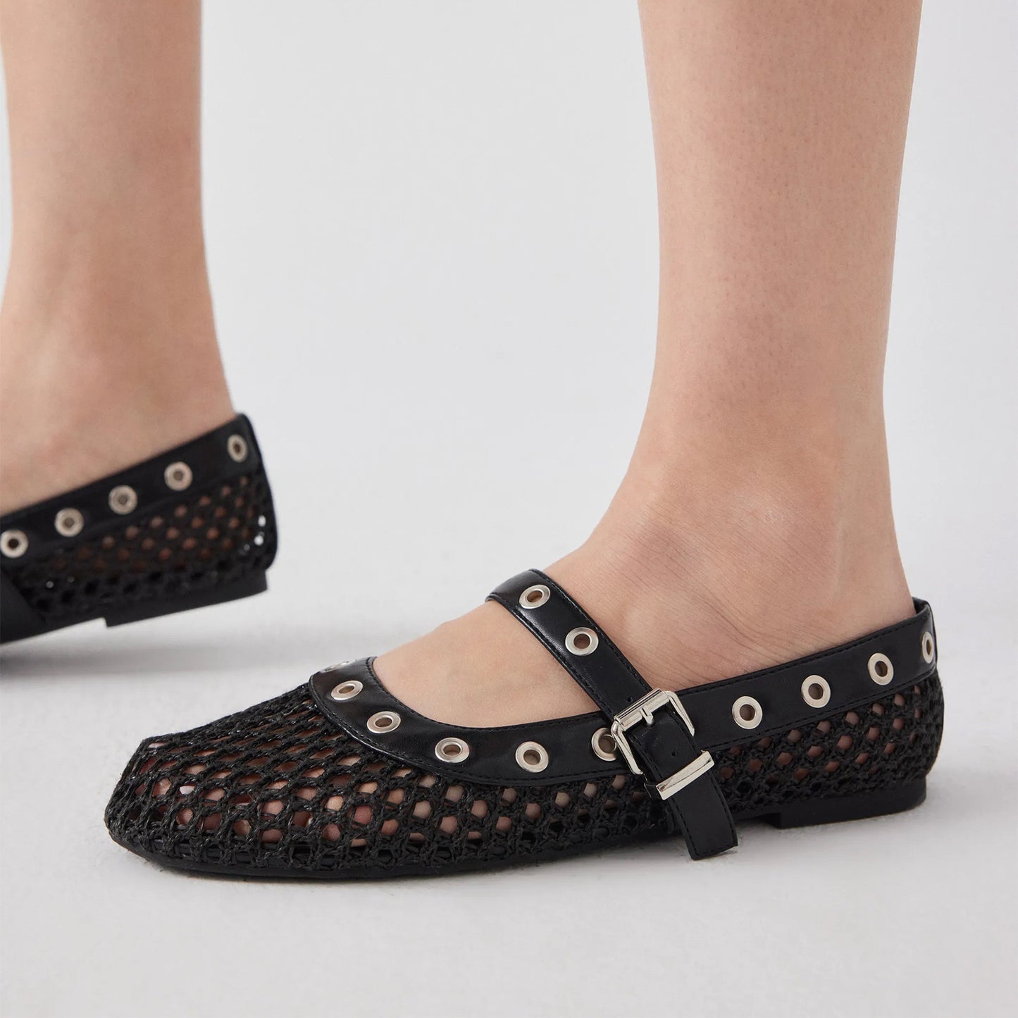 Black Woven Mesh And Vegan Leather Round-Toe Eyelets Mary Jane Flats